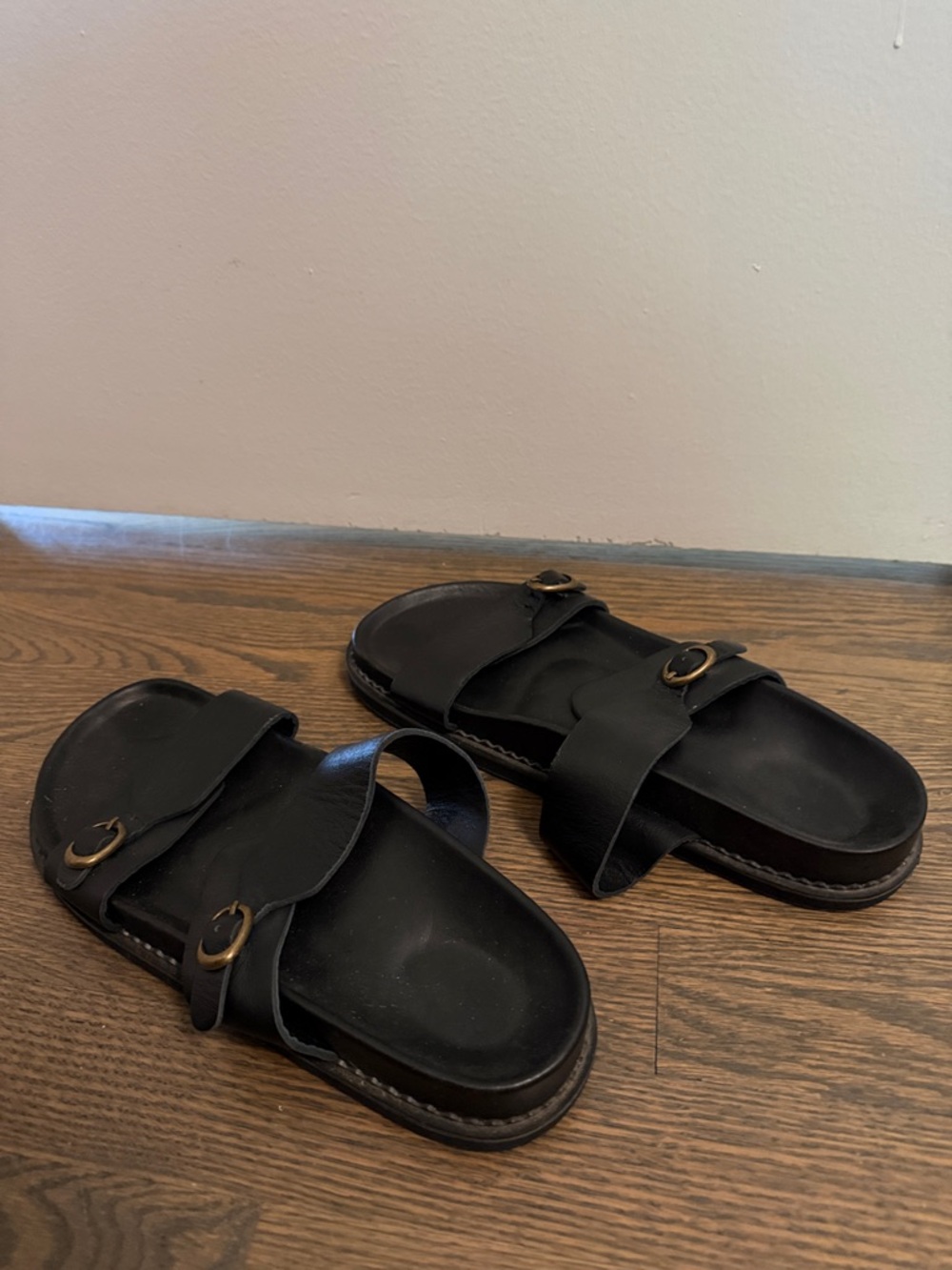 Women's Black Double-Strap Buckle Slide Sandals